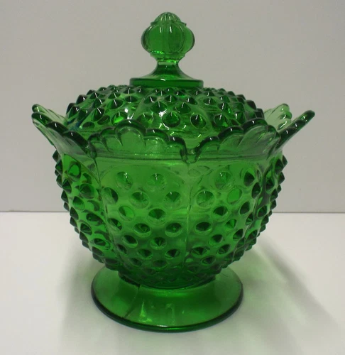 Vintage Fenton Hobnail Forest Green Glass Covered Pedestal Candy Dish - Mint