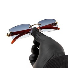 Rimless Woodgrain Blue Gray Tint Gold Frame Luxury Buffs Hip Hop Sunglasses