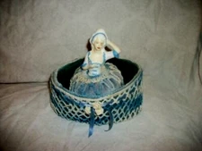 Antique Chalkware Half Doll Pin Cushion Basket HP Cottagecore Handmade Velvet
