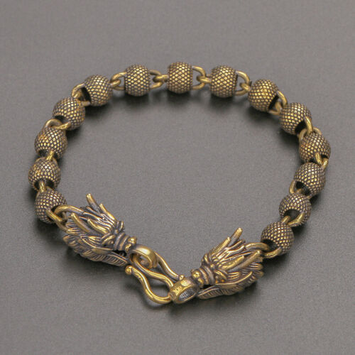 Vintage Brass Handmade Frosted Copper Bead Creative Double Dragons Bracelet gift - Picture 1 of 5