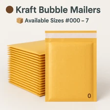 All Sizes Kraft Bubble Mailers – Padded Envelopes #000 to #7 (10–1000 Pack)