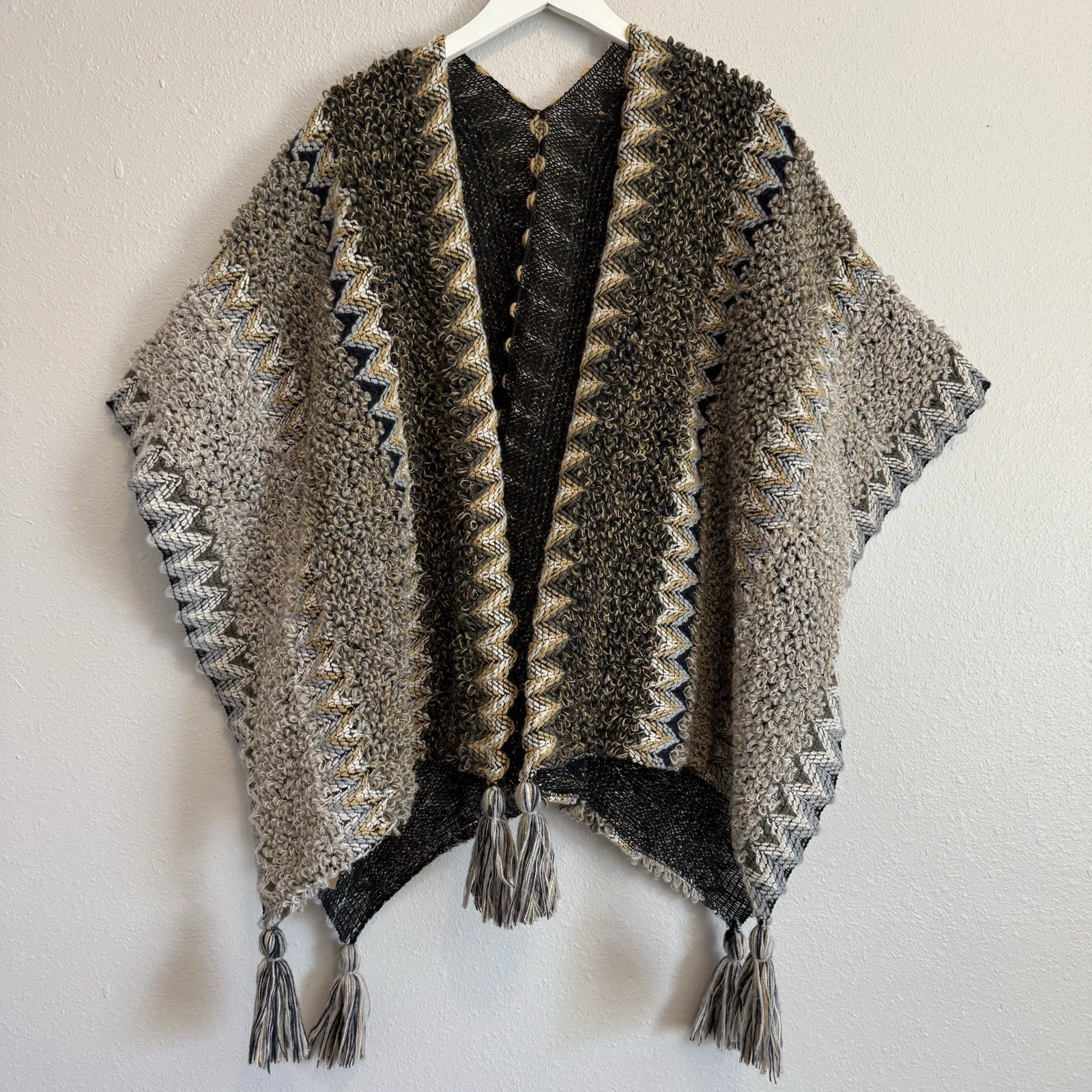 Whimsigoth Boho Chevron Knit Poncho Tassel Fringe Earth Tone Wrap One Size