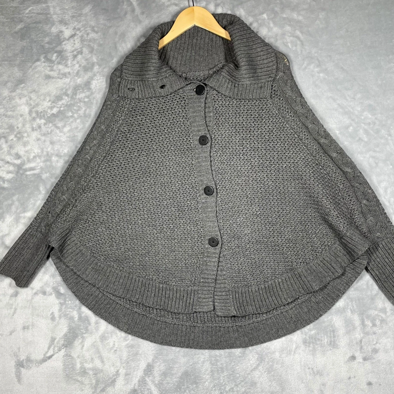 UGG Grey Knit Poncho Cape Sweater Button Front Shawl Collar Cable Knit