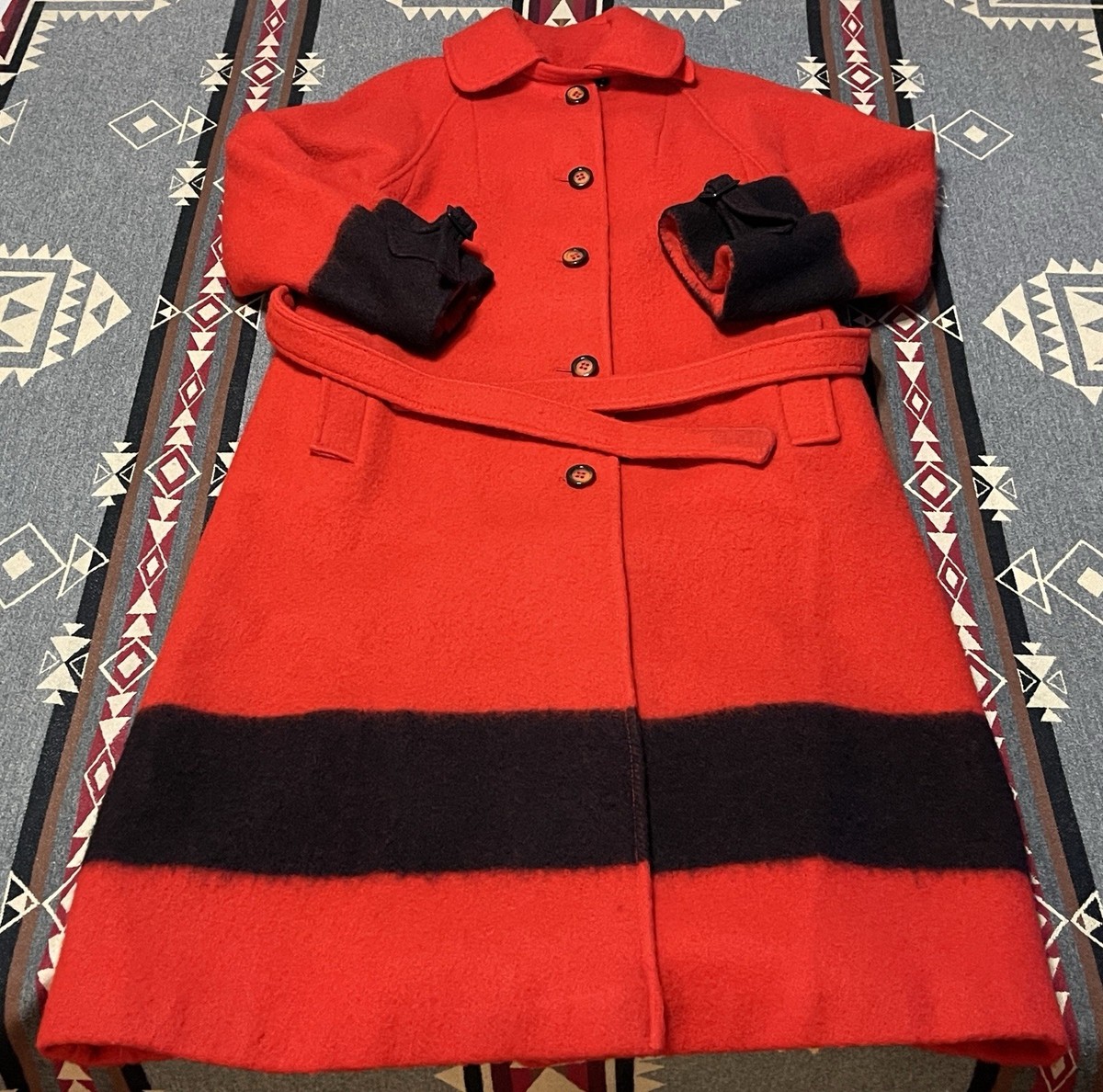 Vintage Hudson's Bay Red Black Wool Belted Point Blanket Coat T35