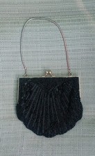 Vintage Black Beaded Purse with Metal Frame and Chain Handle
