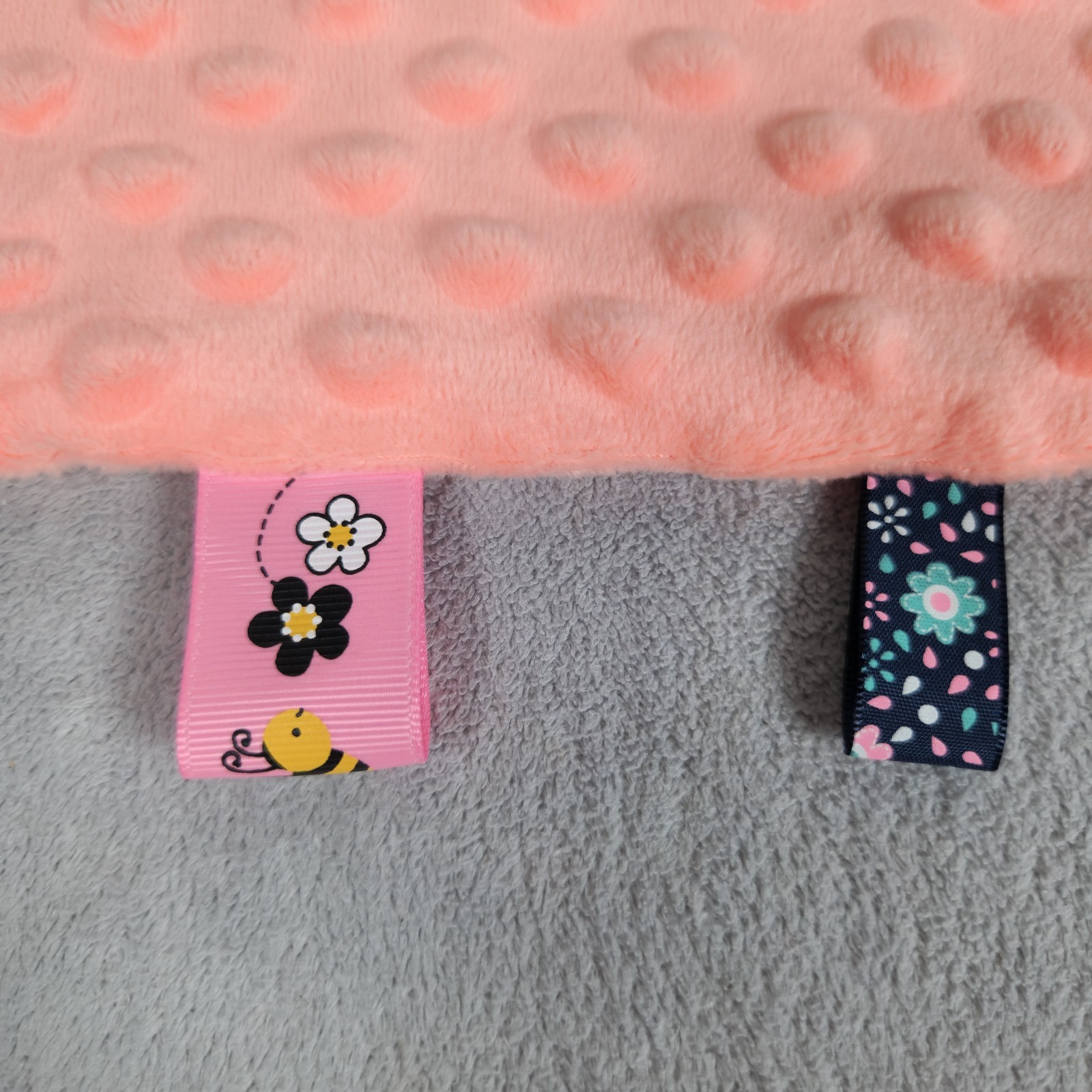Insular Coral Minky Dots Velour Ribbon Tags Security Blanket Lovey 9x9.5"