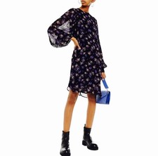 GANNI Georgette Floral Print Balloon Sleeve Mini Shift Dress Size 40