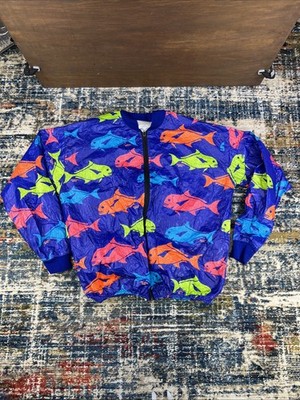 VTG Bob Chinn's Crab House Vintage 90s Tyvek Jacket Fish Design Size L Full Zip
