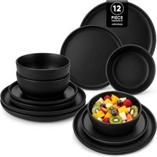 Black Dinner Set for 4, 12 Piece Elegant Crockery Sets with Matte Glaze