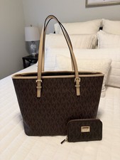 Michael Kors Signature Jet Set Shoulder Bag Tote Large Leather Brown MK Logo