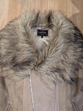 UK 16 Women's Suede Effect Jacket with Faux Fur Lining Collar Vegan Beige Camel