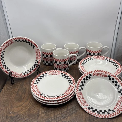 Coca-Cola Checkerboard Dinnerware Set 12-Piece Plates Bowls Mugs VTG 1996
