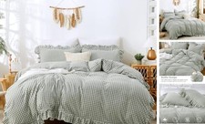 Gingham Duvet Cover Bedding Set 100 Washed Cotton Like Linen Twin 68x90 Green