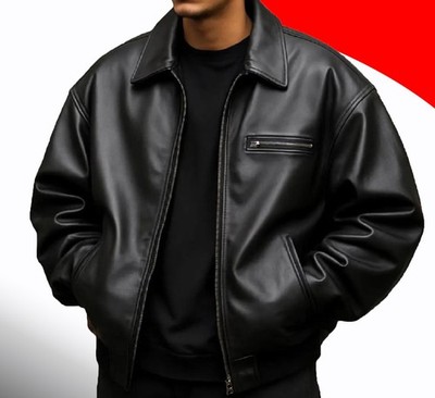 Men's Black Baggy Oversized Leather Bomber Jacket Plus Size Boxy Leather Coat