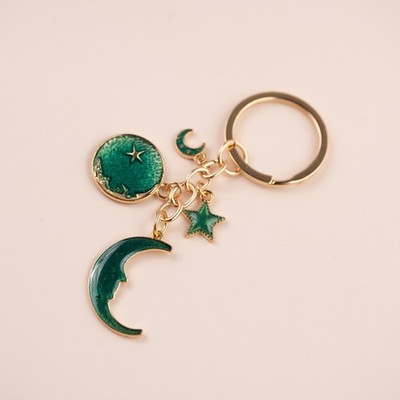 Cute Green Crescent Moon Star Keychain Keyring Key Ring Novelty Gift Idea