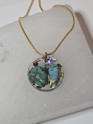 Round Turquoise Pendant Necklace Artisan Made 18K GP Snake Chain 20 In.