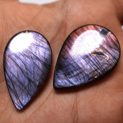 Set 2 Pcs Finland Natural Labradorite Purple Flash Teardrop Crystal Palmstones - Picture 2 of 10