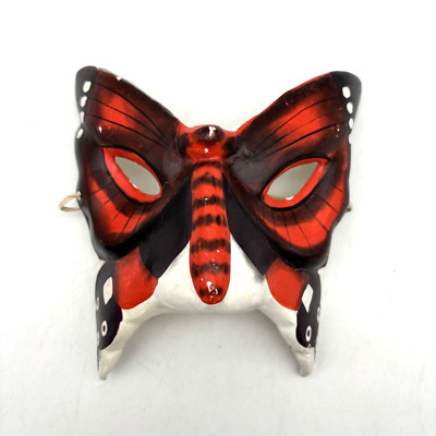 Vintage 80s Handmade Papier Mache Red Black Painted Butterfly Theatre Wall Mask