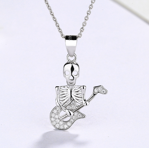925 Sterling Silver Skull Skeleton Guitar Pendant Necklace Halloween Gift PE55 - Bild 2 von 5
