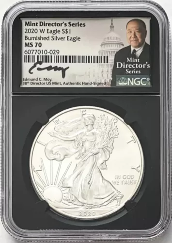 2020 W Eagle Burnished Silver Eagle MS 70 Mint Director's Series Edmond Moy NGC