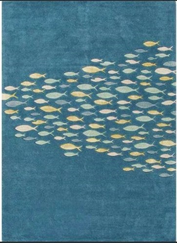 Tappeto tappeto moderno pesce costiero blu celeste trapuntato a mano 100% lana zona morbida. - Foto 7 di 7