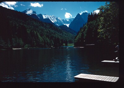 1950s Lake Eibsee Dock at Base of German Alps Mountains 35mm Red Border Slide 