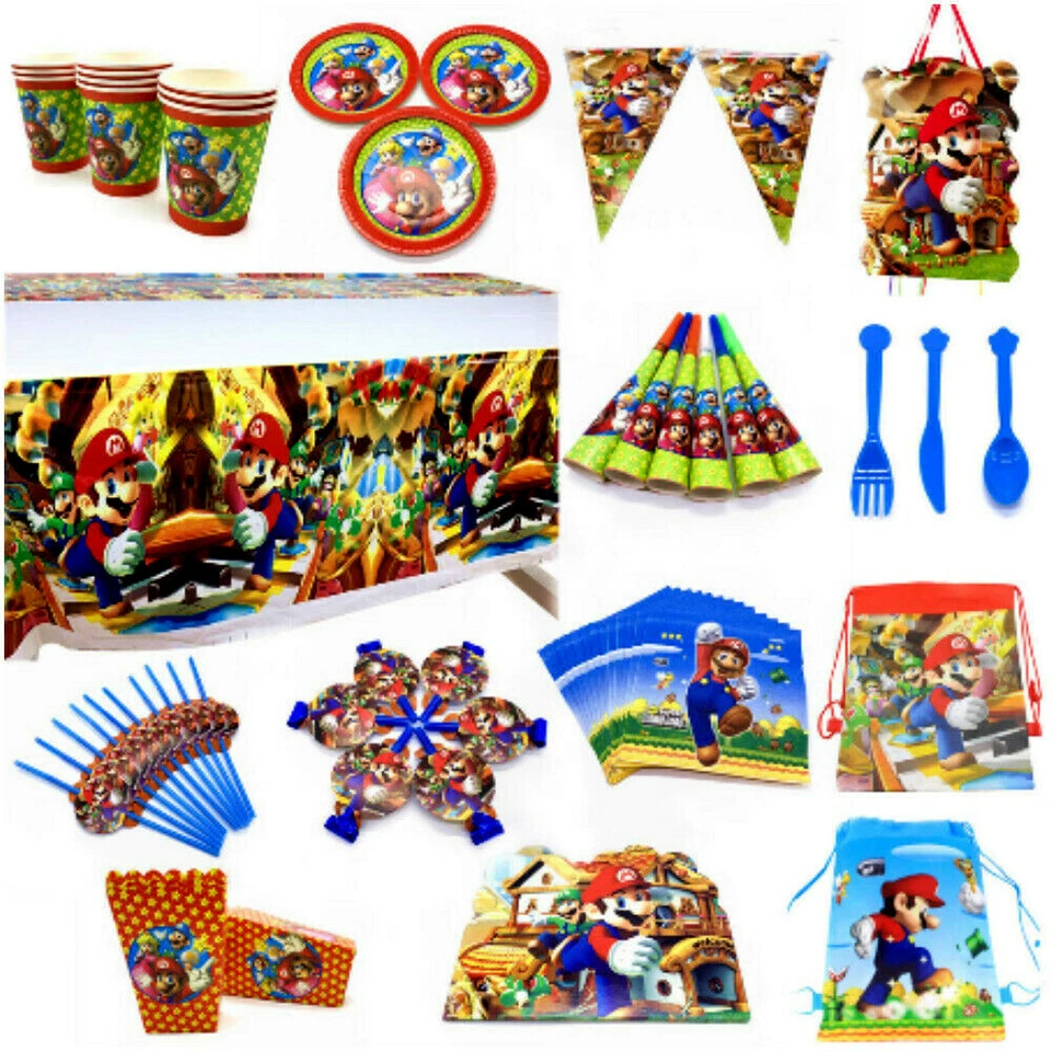 SUPER THEME PARTY MARIO BIRTHDAY LUIGI DECORATION PLATES CUP BANNER COVER