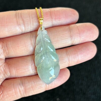 Highly Icy Floating Green Feather Jadeite Jade Pendant 18K Gold Buckle