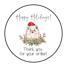 30 1.5" THANK YOU HEDGEHOG, HAPPY HOLIDAY,  LABELS  SEALS ROUND STICKERS***