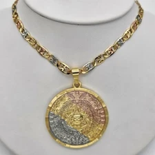 Tri Color Gold Plated Antient Aztec Mexica Calendar Medal - Sun Stone Necklace