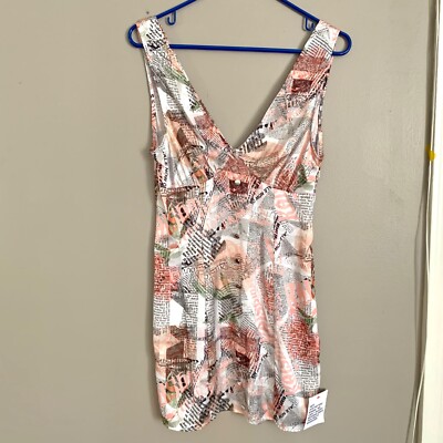 newspaper satin dress NEWSPAPER PRINT SATIN MIDI SLIP DRESS WITH ASYMMETRIC NECKLINE
