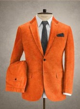 Men Corduroy Suit Orange Notch Lapel Leisure Prom Party Groom Tuxedo Wedding