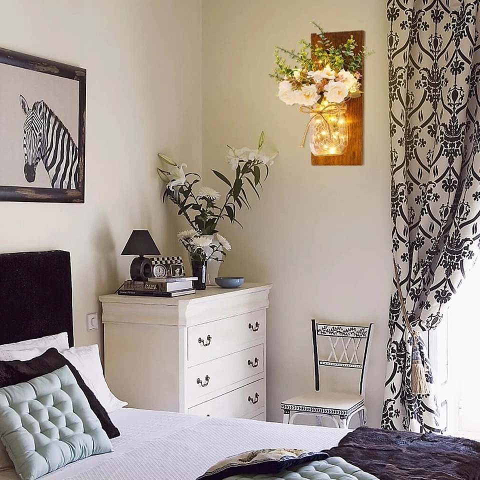 Mason jar wall lamp handmade wall art hanging design with remote control LED - Image 4 of 4