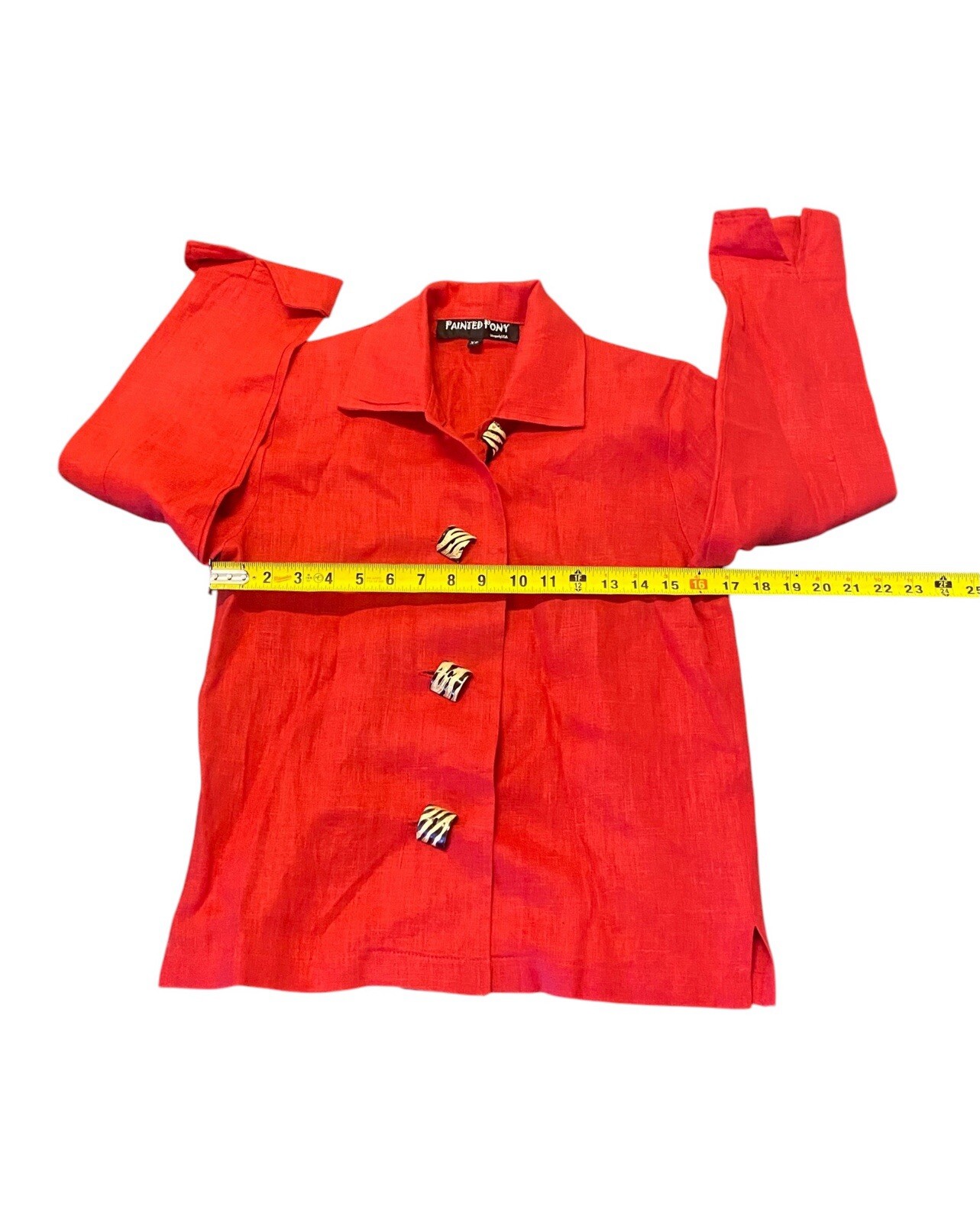 Blazer pony vintage dipinto giacca corta donna XS lino rosso zebrato bottone legno USA