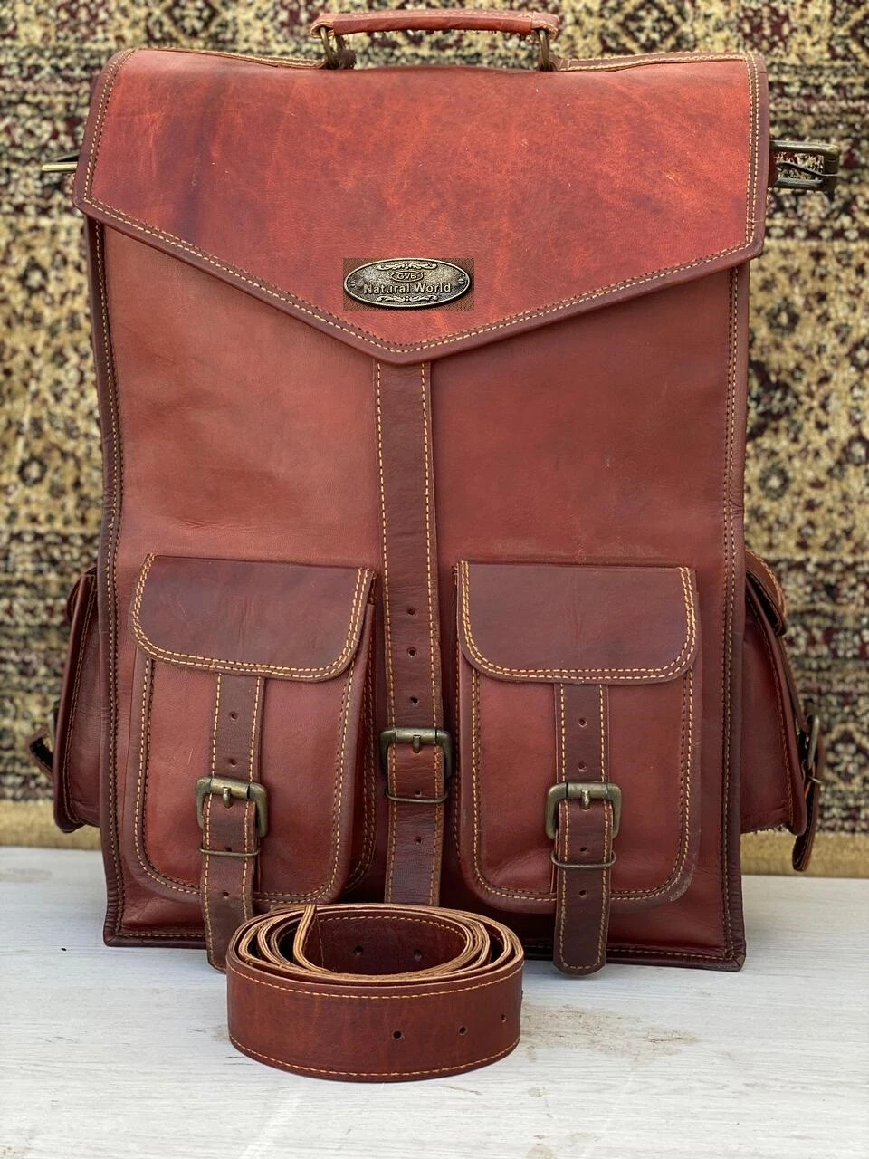 18" Leather Backpack Rucksack Travel Bag For Men's (2 In 1 ) Backpack+Satchel