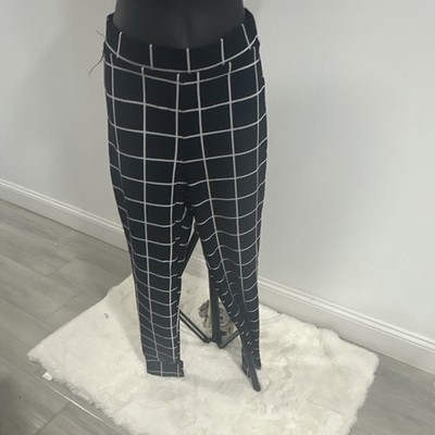 Black/White Windowpane Check Tapered Flat Front Dress Pants Women s S
