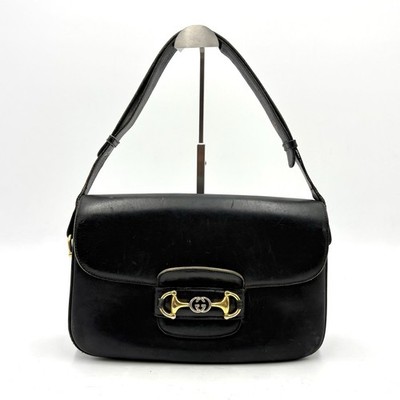 Auth Gucci Horsebit 2Way Leather Shoulder Bag Handbag Black 2Y8133