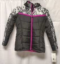 NWT Rothschild Girls M 10-12 Puffer Jacket Hooded Coat Leopard Black White Pink