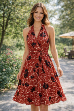 NWT Ann Taylor Petites Silk Red Floral Halter A‑Line Midi Dress Size 8 MSRP $148