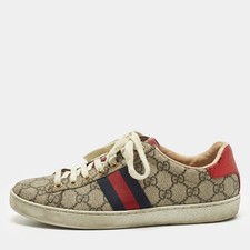 Gucci Ace Web Size 38.5 BeigeBrown GG Coated Canvas and Python Embossed Lace Up