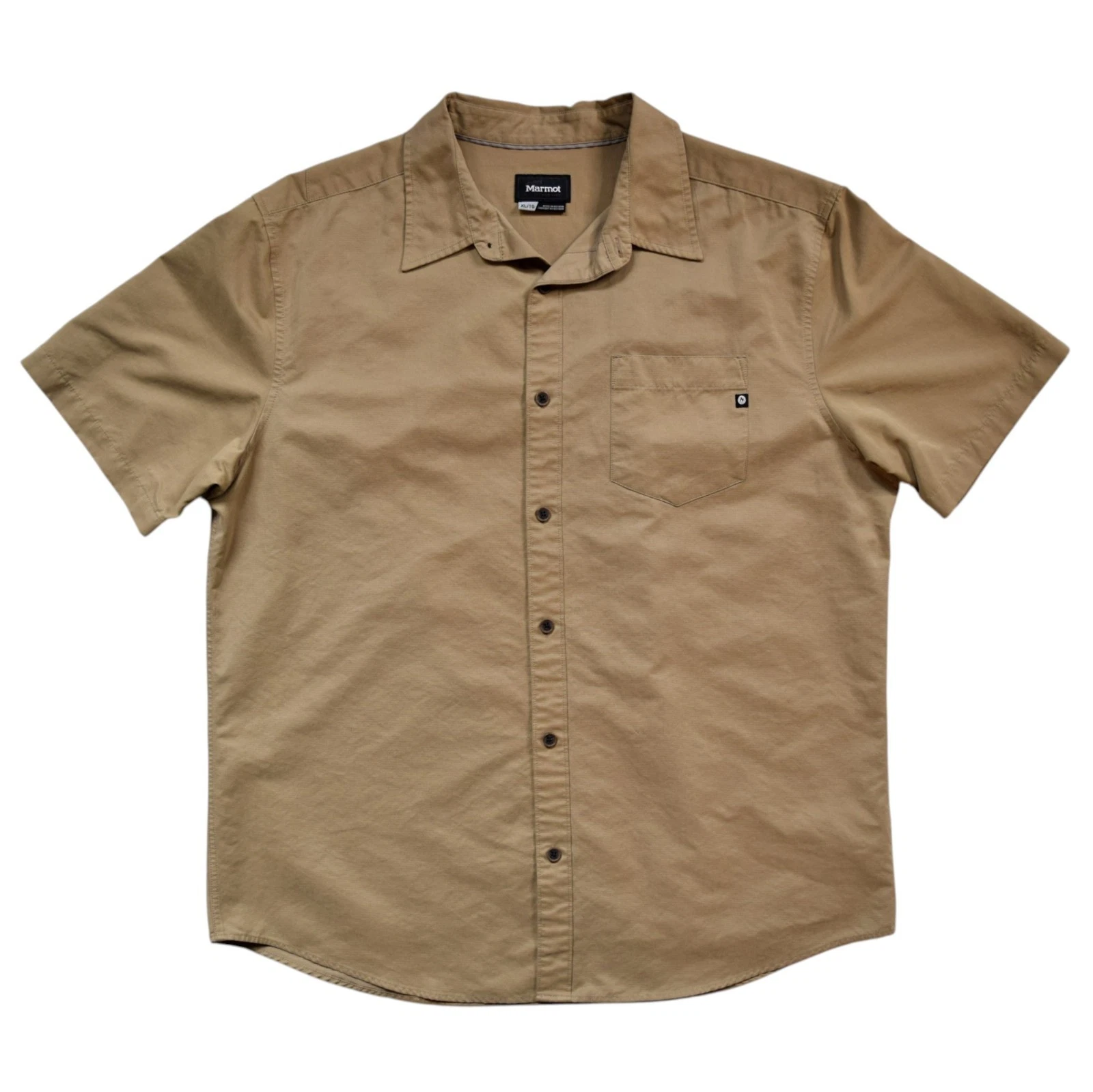 Marmot For Life Men XL Short Sleeve Button Up Shirt Khaki Canvas Hiking Gorpcore