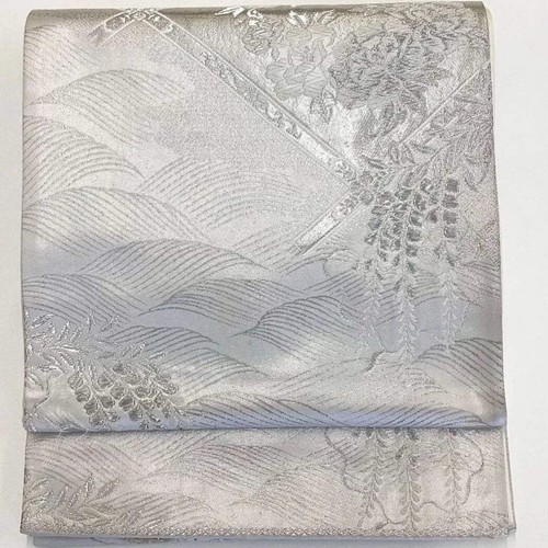 7230# Japanese Vintage Fukuro Obi Belt Kimono Fabric Silk Traditional Silver