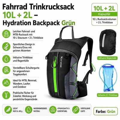 West Biking Fahrrad Trinkrucksack 10L + 2L Trinkblase Hydration Backpack Grün