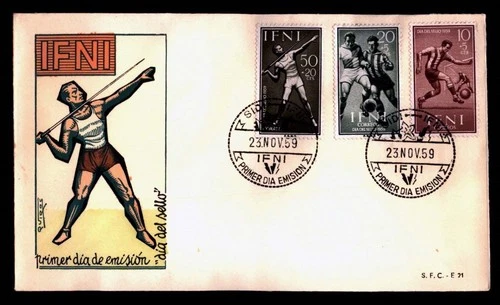 DR WHO 1959 SPANISH IFNI FDC SPORTS HAND PAINTED CACHET COMBO SEMI POST R15015