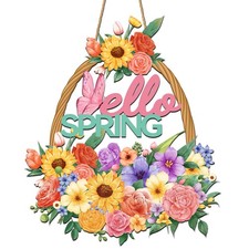 Wooden Spring Front Door Sign Hollow Flower Basket Hello Spring Welcome Sign