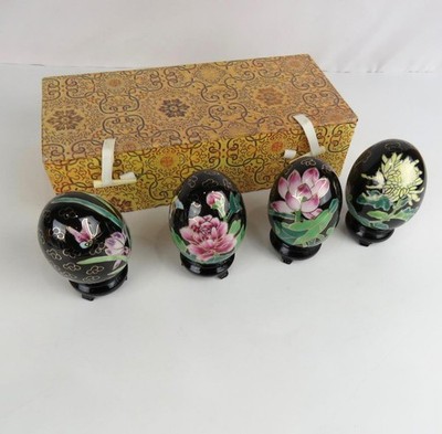 Hand Painted Easter Eggs Porcelain Decor Set Of 4  Stands and Box Unique