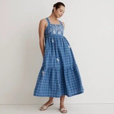 Madewell Embroidered Cecily Tiered Midi Dress Plaid XS See Measurements