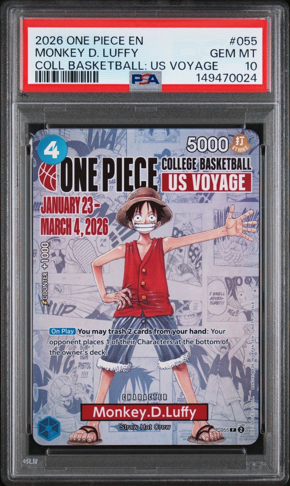 2026 One Piece EN Monkey D Luffy College Basketball US Voyage #055 PSA 10 Gem