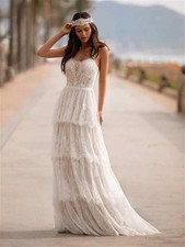 Boho A-line Women Wedding Dresses Tiered Lace Spaghetti Straps Bridal Gowns