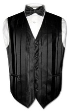 Men's Dress Vest  BOWTIE BLACK Color Woven Striped Design Bow Tie Set
